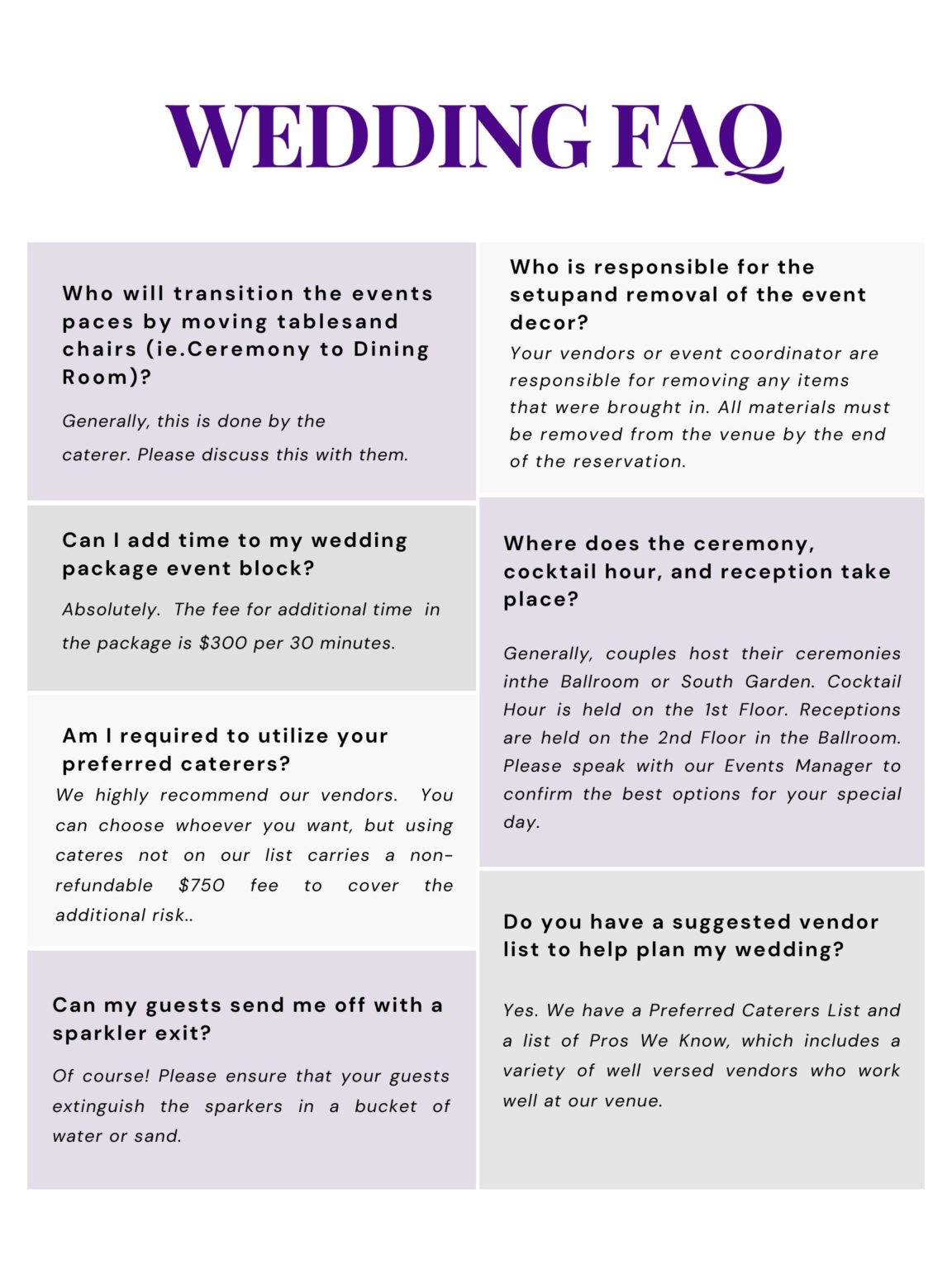 Frequently asked questions about weddings events a rock a river a